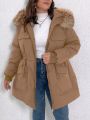 Plus Drawstring Waist Fuzzy Trim Hooded Parka Coat