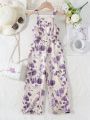 SHEIN Kids Nujoom Young Girl'S Romantic Plant Print Casual Sleeveless Jumpsuit