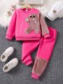 SHEIN Kids QTFun 2pcs/Set Fashionable And Trendy Colorblock Plush Bear Sweatshirt And Sweatpants For Young Girls, Autumn And Winter