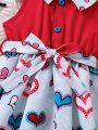 SHEIN Kids EVRYDAY Little Girls' Color Block Heart Printed A-Line Dress With Belt