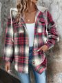 Plaid Print Drop Shoulder Drawstring Hooded Coat