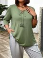 Plus Size Solid Color T-Shirt With Tassel & Knot Detailing On Collar