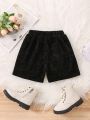 SHEIN Kids FANZEY 1pc Little Girls' Black Elastic Waist Casual Shorts With Pearl Studs