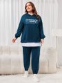 SHEIN Mulvari Ladies' Blue Letter Printed Hooded Casual Set