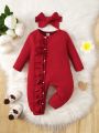 Baby Girl Mushroom Edge Pockmarked Stripe Long Sleeve Jumpsuit