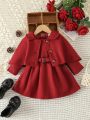 2pcs Baby Girls' Red Woolen Cape Coat For Elegant, Gorgeous, Cute, Daily, And Casual Occasions In Winter