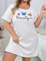 Plus Size Women's Butterfly & Letter Print Short Sleeve Nightgown