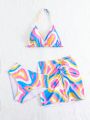 Tween Girl 3pcs Full-Printed Beachwear Bikini Swimsuit Set / Mommy And Me Matching Outfits (2 Sets Sold Separately)
