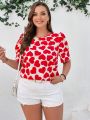 SHEIN LUNE Plus Size Heart Print Puff Sleeve Shirt