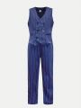 SHEIN Kids FANZEY Tween Boys' Double-Breasted Striped Vest And Suit Pants Gentleman Dress Suit