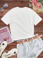 Tween Girl Casual Short Sleeve T-Shirt With Simple Pattern, Suitable For Summer