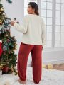 Plus Christmas Heart Embroidery Drop Shoulder Flannel PJ Set