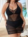 SHEIN Swim BohoFeel Plus Size 1pc Knitted Cover Up With Hollow Out Design, Backless And Halter Neck