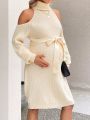 SHEIN Maternity High Neck Hollow Out Shoulder Belted Sweater Dress