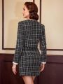 SHEIN DECDS Vintage Elegant 2pcs Plaid Tweed Jacket With Pearl Decorated Button & V-Neck Vest And High Waist Mini Skirt With Lace Hem Decoration For New Year Christmas Party