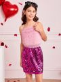 SHEIN Kids FANZEY Big Girls' Fuzzy Spaghetti Strap Tank Top With Sequin Detailing And Skirt Set