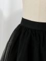 SHEIN Kids Cooltwn Girls' Daily Casual Knitted Asymmetric Hem Mesh Overlay Skirt