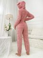 Women'S Plush Pajama Jumpsuit With Bear Pressed Design, Animal Ear And Fleece Material