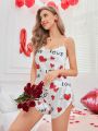 Women's Heart & Letter Print Cami Top And Shorts Pajama Set