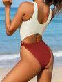 SHEIN Swim BAE Women'S Color Block Halter Cutout One-Piece Swimsuit