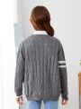 SHEIN Kids SUNSHNE Girls' Loose Fit College Style Long Sleeve V-neck Cardigan Sweater