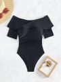 SHEIN Swim Chicsea Women's Solid Color Off Shoulder Slim Fit One Piece Swimsuit