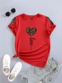 SHEIN LUNE Leopard Heart Pattern Women T-shirt