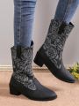 Women's Fashionable Floral Patchwork Boots With Chunky Heels And Pointed Toe