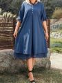 Women'S Plus Size Button Detail Round Neck Ruffle Trimmed Dress With Embellishments