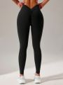 Yoga Basic Seamless Back V-Waist Pleated Sports Leggings