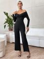 SHEIN Privé Off Shoulder Ruched Side Wide Leg Jumpsuit