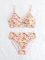 Teen Girl's Floral Print Bikini Set With Circular Rings Connection