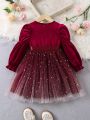 Girls autumn and winter fashion gradient mesh dress elegant velvet mesh stitching bow princess dress