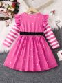 Young Girl Striped & Polka Dot Print Ruffle Trim Bow Front Dress