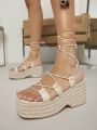 Lace-Up PU Open Toe Wedge Sandals