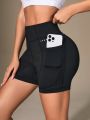 Wide Waistband Phone Pocket Side Biker Shorts