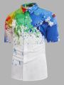 SHEIN Teenage Boys' Casual Loose Fit Ink Splatter Colorful Pattern Short Sleeve Shirt