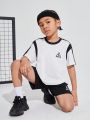 SHEIN Kids SPRTY Young Boys' Casual Loose Fit Round Neck Pullover Color Block T-Shirt And Shorts Set