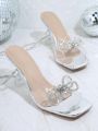 Rhinestone & Bow Decor Sculptural Heeled Mule Sandals