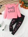 Young Girl Letter Graphic Ruffle Trim Sweatshirt & Ripped Leggings