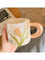 1pc Ceramic Coffee Mug 13oz With Orange Tulip Design For Women, Gift Mug Suitable For Office And Home, Dishwasher And Microwave Safe