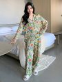 DAZY Women's Floral Printed Long Sleeve Pajamas Set With Long Pants