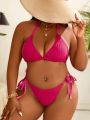 SHEIN Swim Vcay Plus Size Solid Color Halter Top With Knotted Side Triangle Bikini Bottoms Swimsuit Set