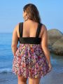 SHEIN Swim Classy Plus Size Women's Floral Pattern Splice Skirted Tankini Swimsuit