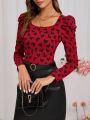 SHEIN Clasi Valentine Day Heart Print Gigot Sleeve Tee