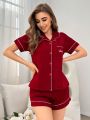 Women's Letter Embroidered Contrast Trim Homewear Set