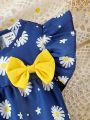 Baby Girl Daisy & Bow Decorated Romper With Footies