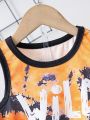 2pcs/Set Young Boys' Fashionable Printed Vest Top And Shorts Casual Outfits For Summer