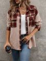 Contrast Plaid Print Drop Shoulder Flap Pocket Coat