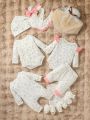 SHEIN Baby Girl Ditsy Floral Print Bow Front Ruffle Trim Bodysuit & 1pc Hat & 1pc Pants & 2pcs Bib Etc